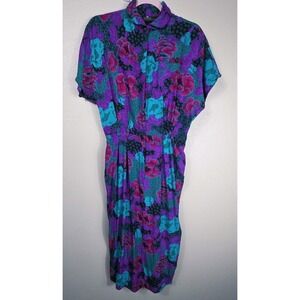 Vintage Ms Choice Tropical Floral Rayon Shirt Dress Teal Purple Pink VTG Size 12